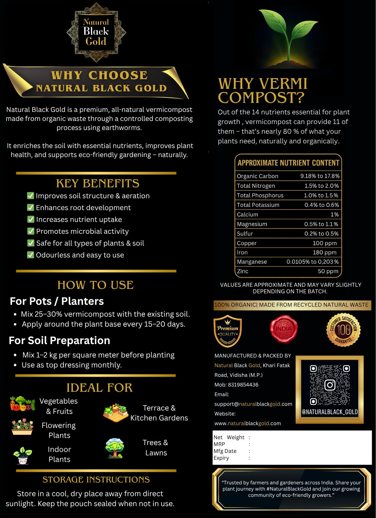 Natural Black Gold Vermicompost | 100% Organic Fertilizer for All Plants | Improves Soil Health & Root Growth | Odourless & Eco-Friendly (1 KG)